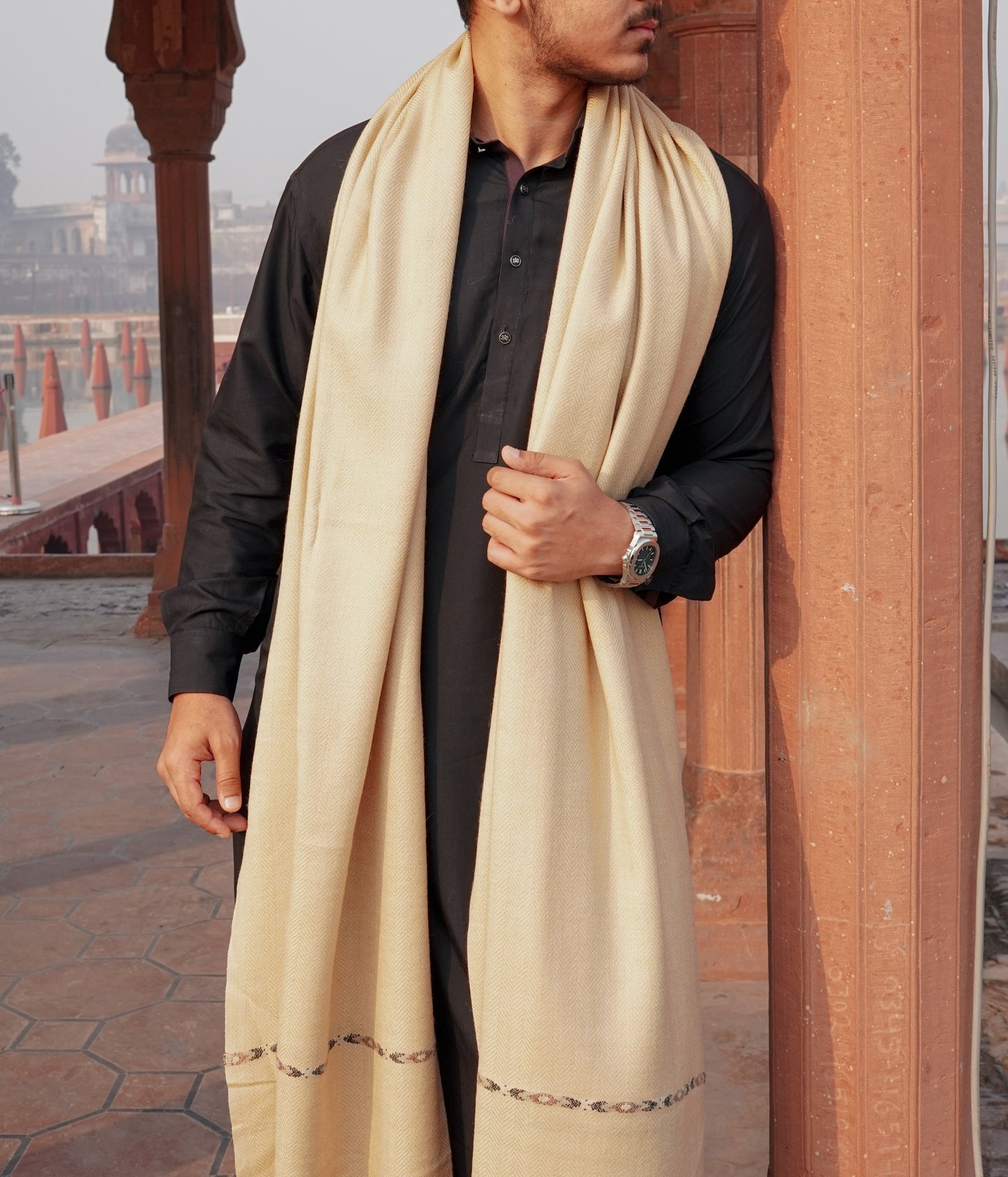 Premium Wool Shawl - Waves of Tradition (Brown Rice)