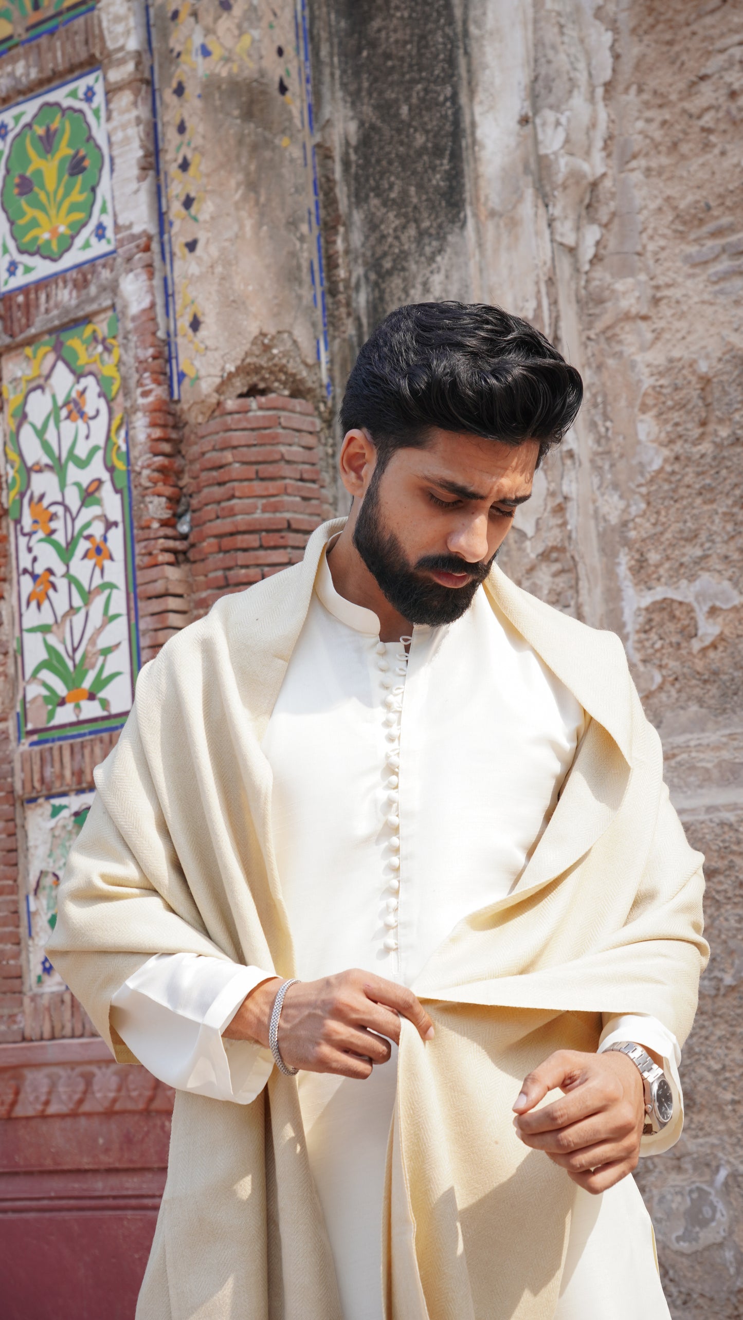 Premium Wool Shawl - Waves of Tradition (Beige)